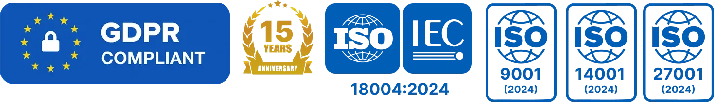 Digital Link certifications: GDPR compliant, 15 years of experience, ISO/IEC 18004:2024, ISO 9001:2024 (Quality Management), ISO 14001:2024 (Environmental Management), ISO 27001:2024 (Information Security Management)